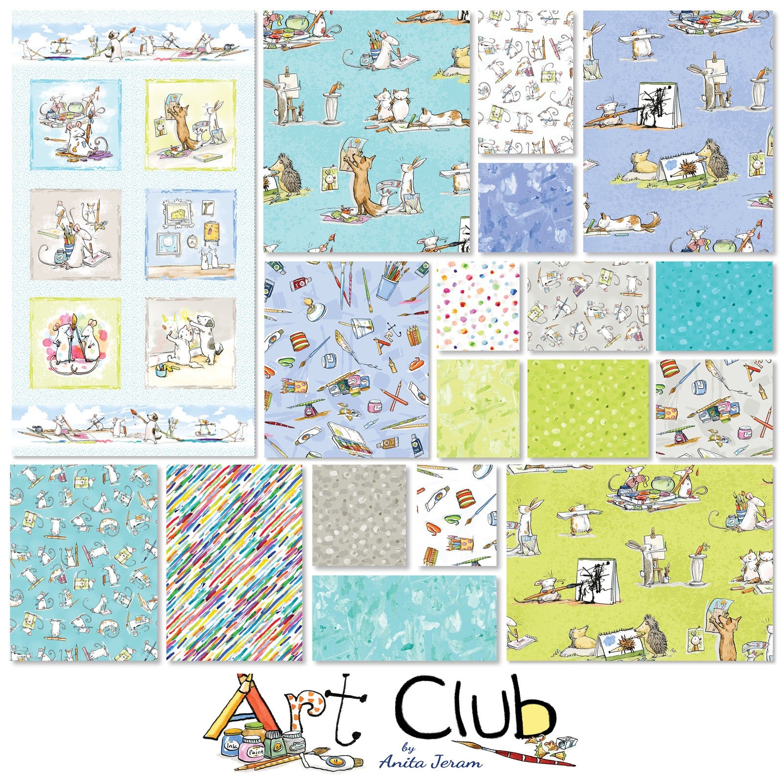 MICE Aqua - ART CLUB by Anita Jarem, 100% Cotton, Toad Hollow Fabrics