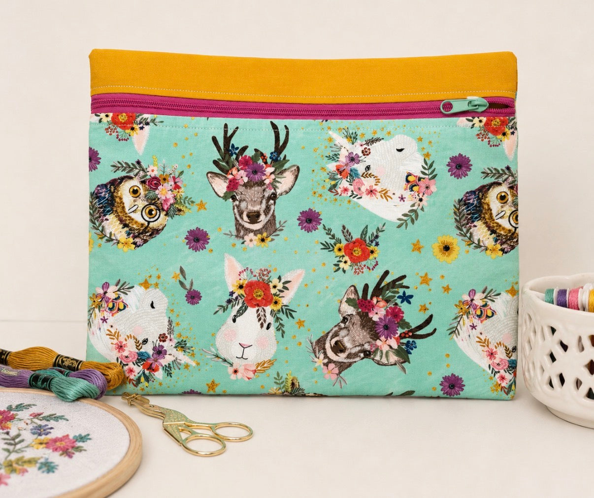 Zippered Cross Stitch Bag - MAGIC FRIENDS in mint from Mia Charro's Magical Friends line - Project Bags - Toad Hollow Bags