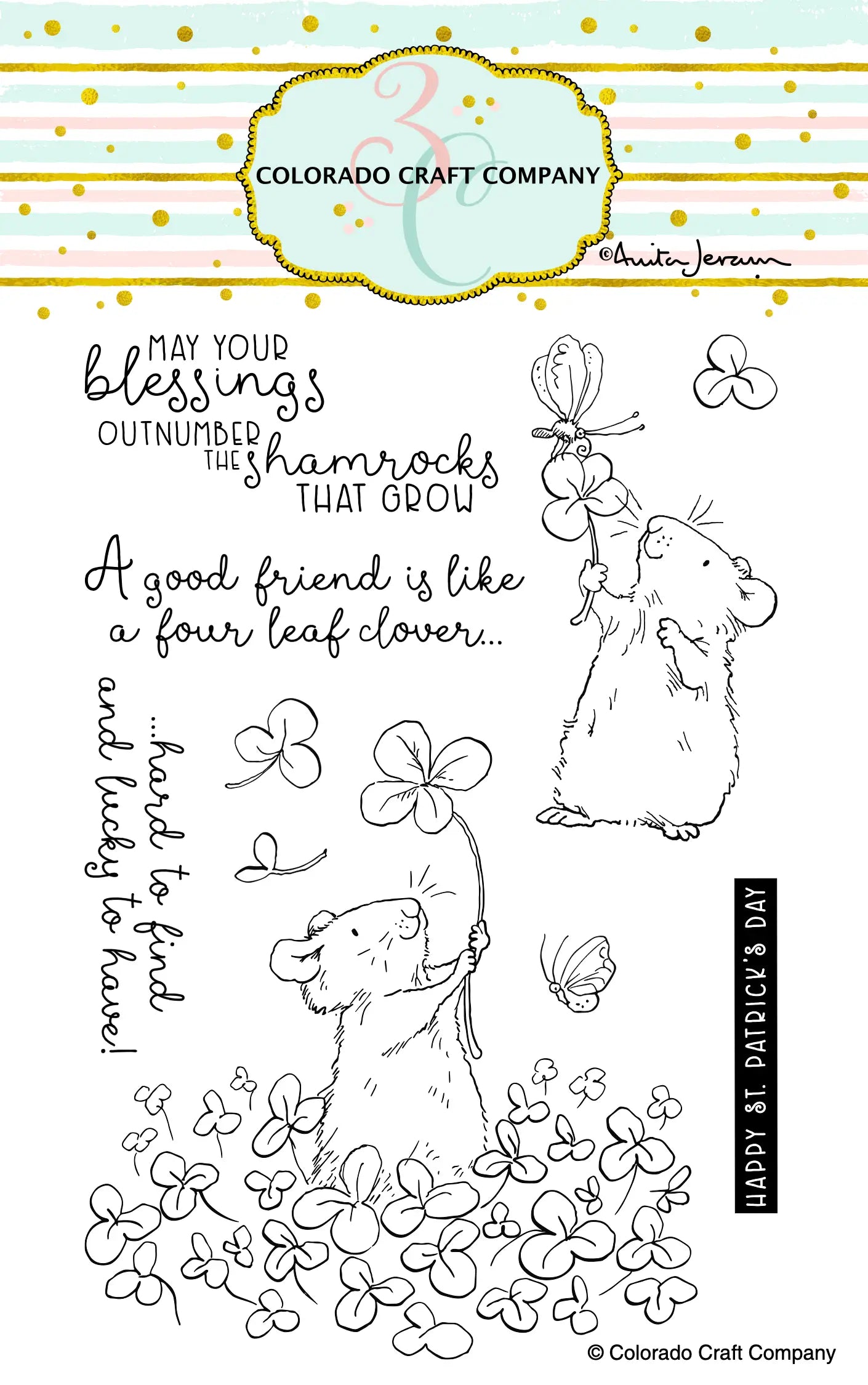 ANITA JERAM 4 LEAF CLOVER rubber stamp set, Colorado Craft Company, The Olde Curiosity Shoppe
