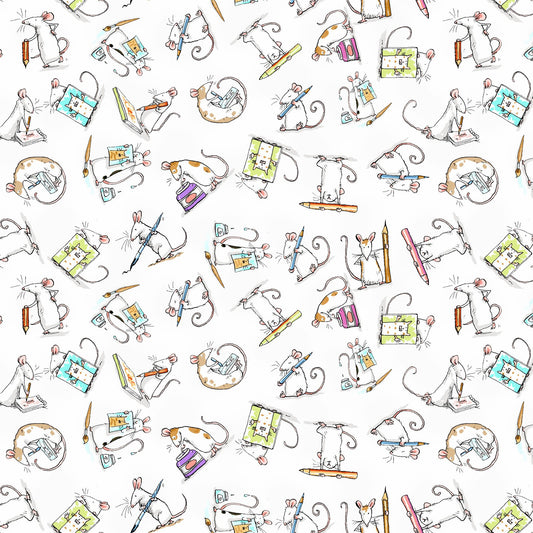 MICE White - ART CLUB by Anita Jarem, 100% Cotton, Toad Hollow Fabrics