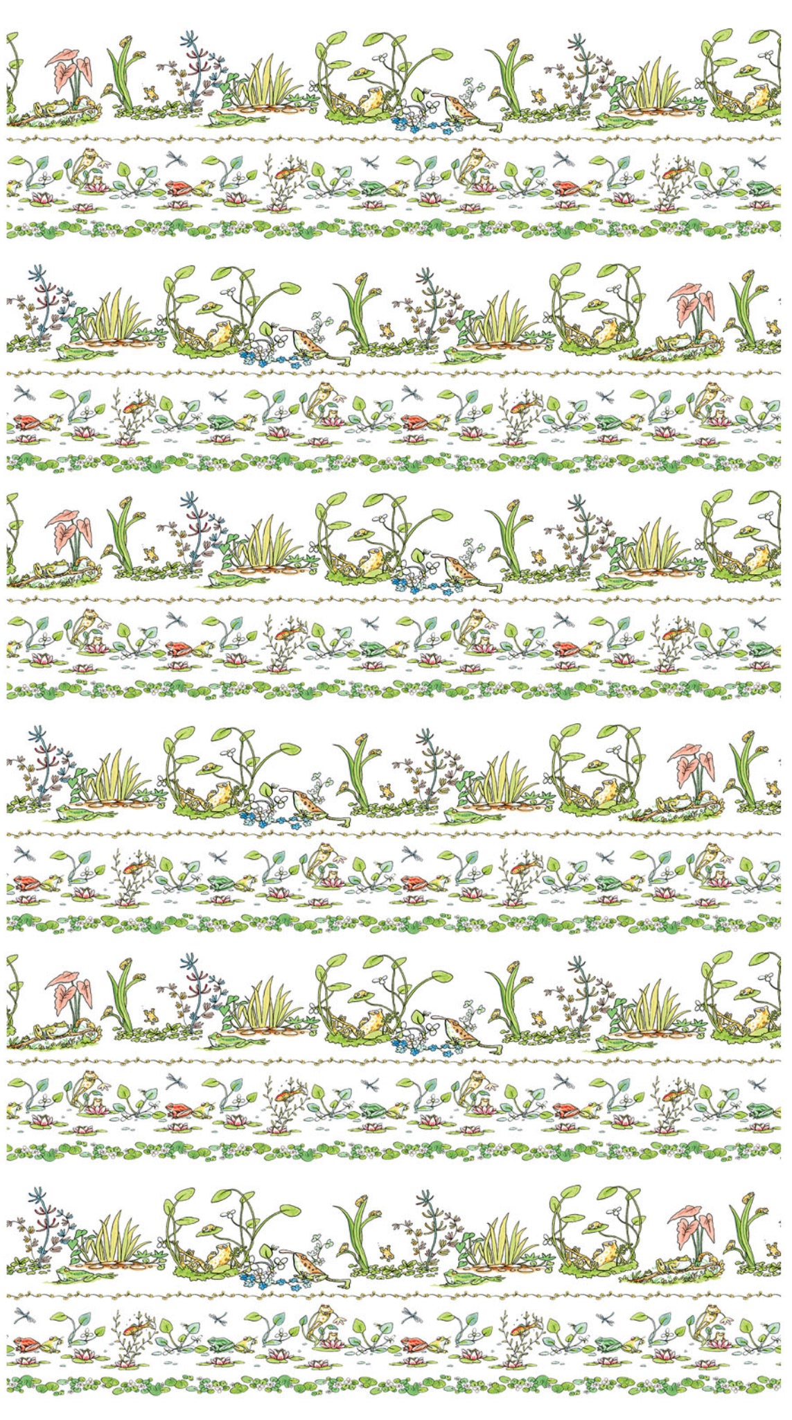 LEAP FROG - Pictorial Stripe White - by Anita Jarem, 100% Cotton, Toad Hollow Fabrics