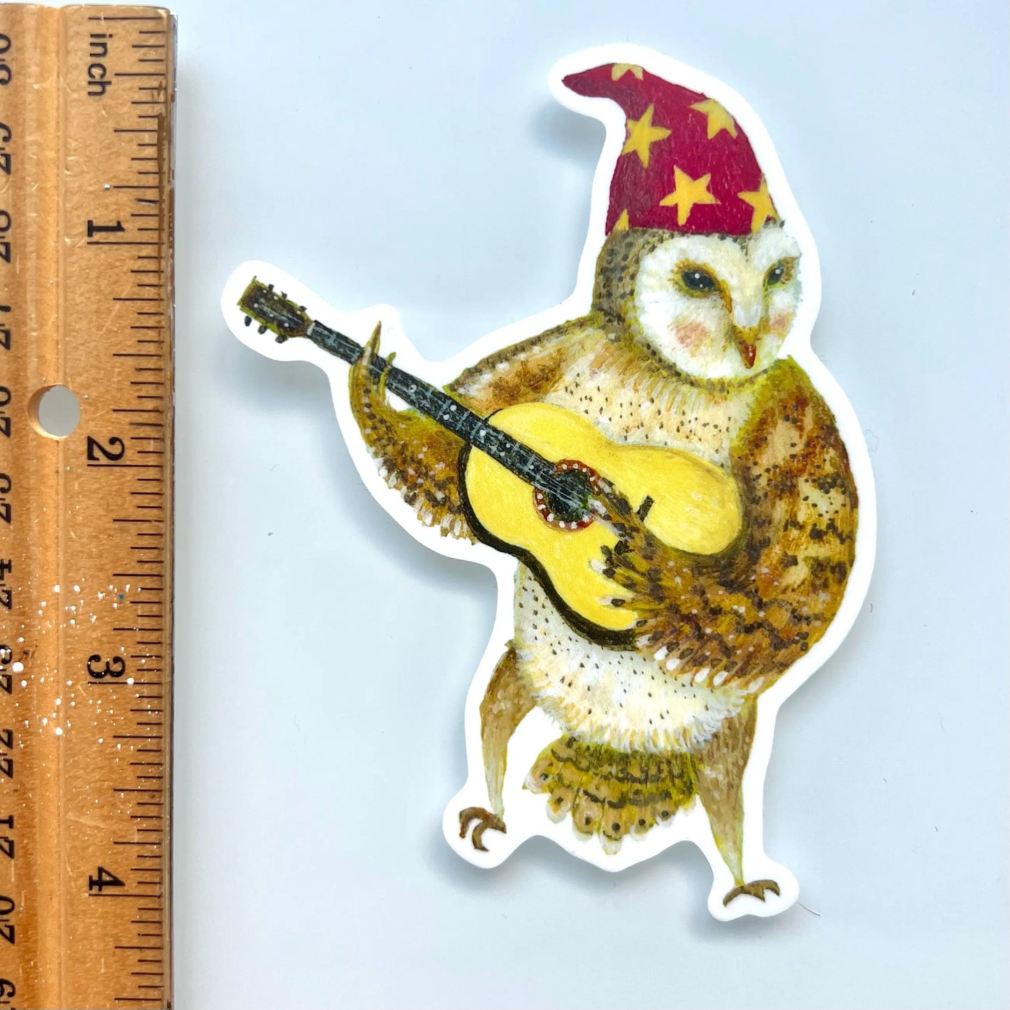 GUITAR OWL vinyl sticker, Jahna Vashti artist, The Olde Curiosity Shoppe