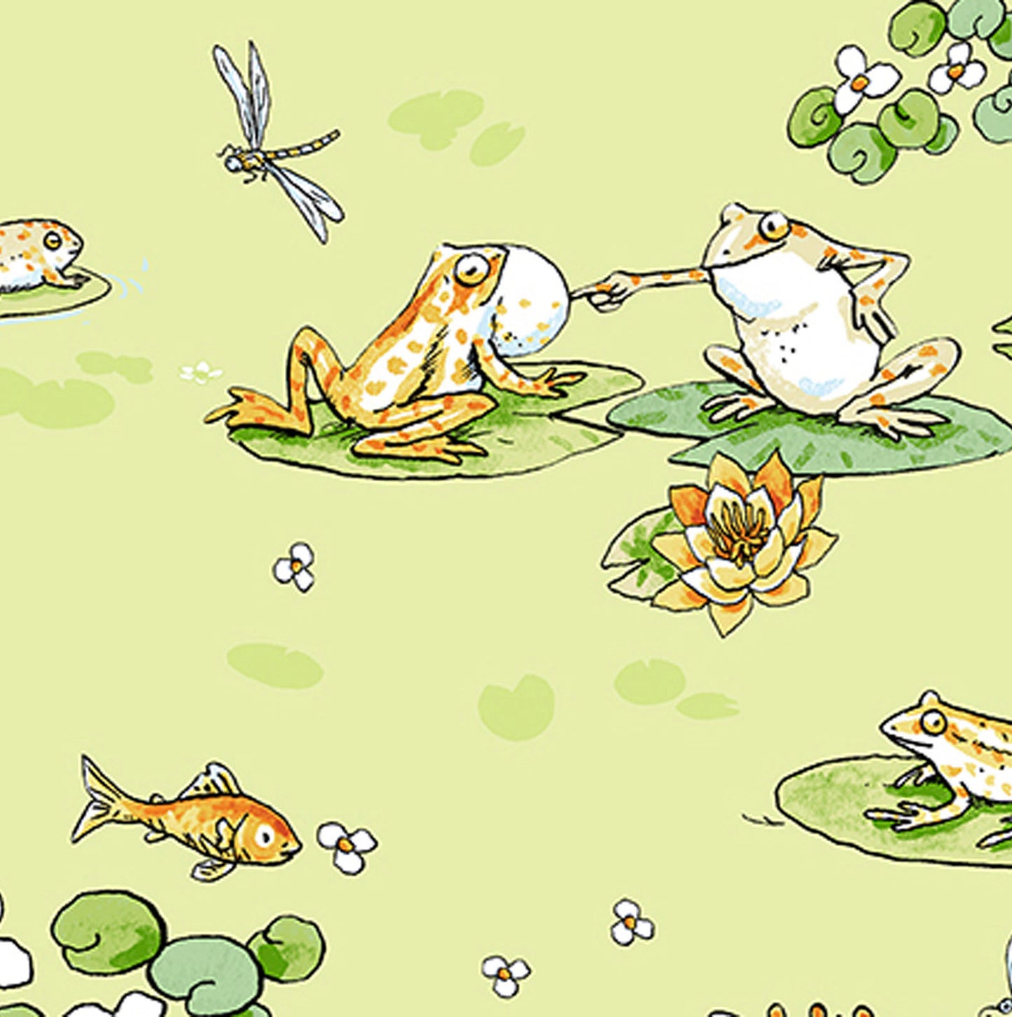 LEAP FROG - Pond Life Lt Olive - by Anita Jarem, 100% Cotton, Toad Hollow Fabrics