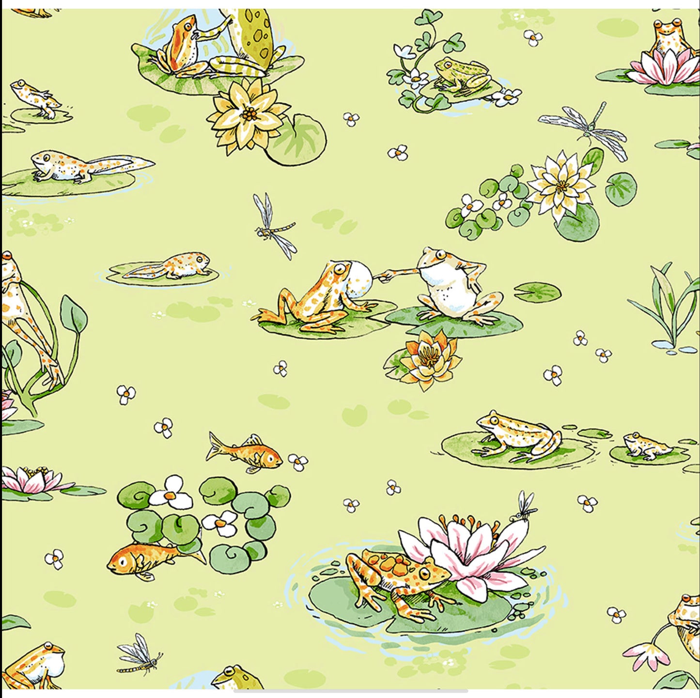 LEAP FROG - Pond Life Lt Olive - by Anita Jarem, 100% Cotton, Toad Hollow Fabrics