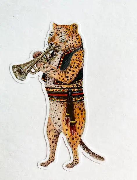 TRUMPET PLAYING LEOPARD vinyl sticker, Jahna Vashti artist, The Olde Curiosity Shoppe