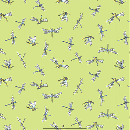 LEAP FROG - Dragonflies Citron - by Anita Jarem, 100% Cotton, Toad Hollow Fabrics