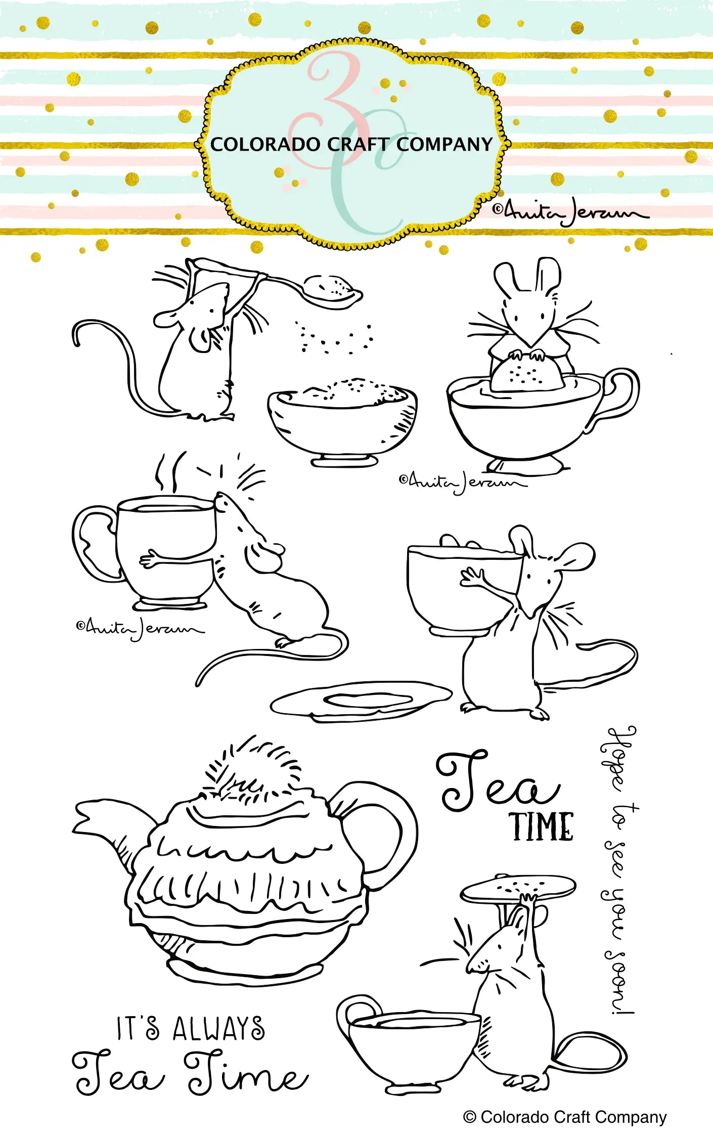 ANITA JERAM TEA TIME FUN rubber stamp set, Colorado Craft Company, The Olde Curiosity Shoppe