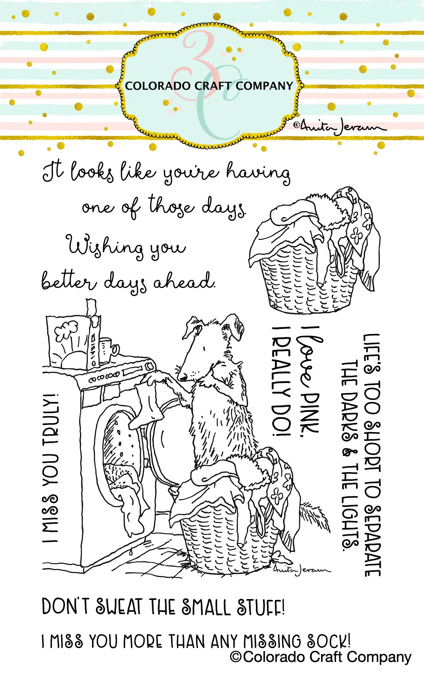 ANITA JERAM LAUNDRY DAY rubber stamp set, Colorado Craft Company, The Olde Curiosity Shoppe