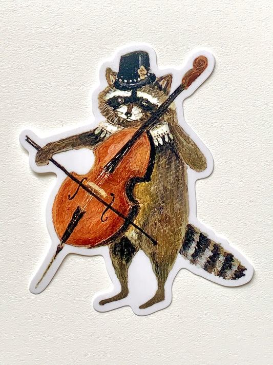 RACCOON CELLIST vinyl sticker, Jahna Vashti artist, The Olde Curiosity Shoppe