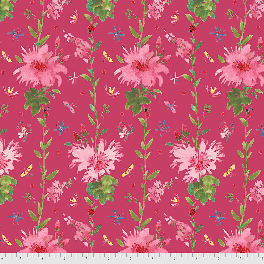 FLOWER STRIPE - PINK from the LADYBIRD Collection by Dena Designs, 100% Cotton, Toad Hollow Fabrics