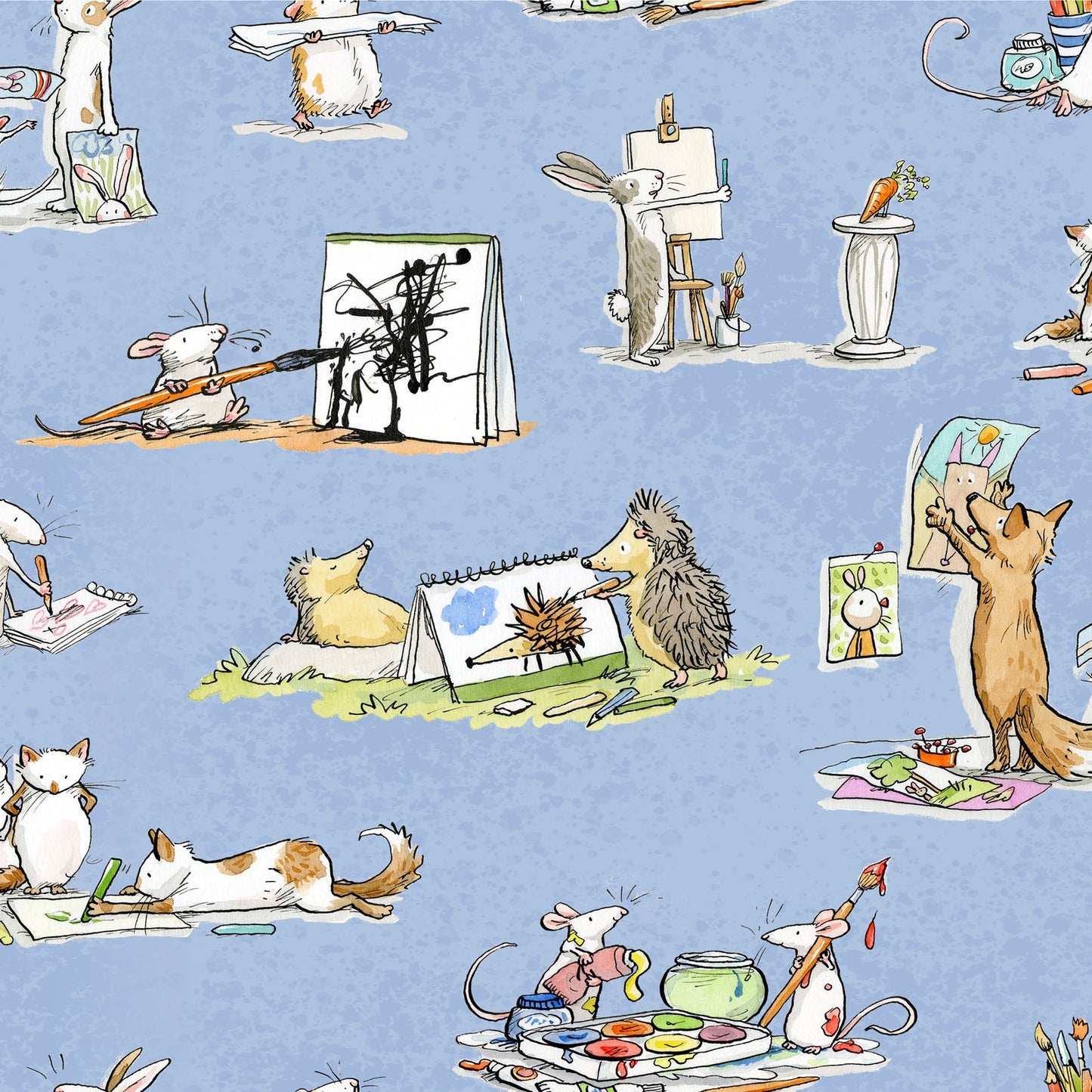 ANIMAL SCENES Light Denim - ART CLUB by Anita Jarem, 100% Cotton, Toad Hollow Fabrics