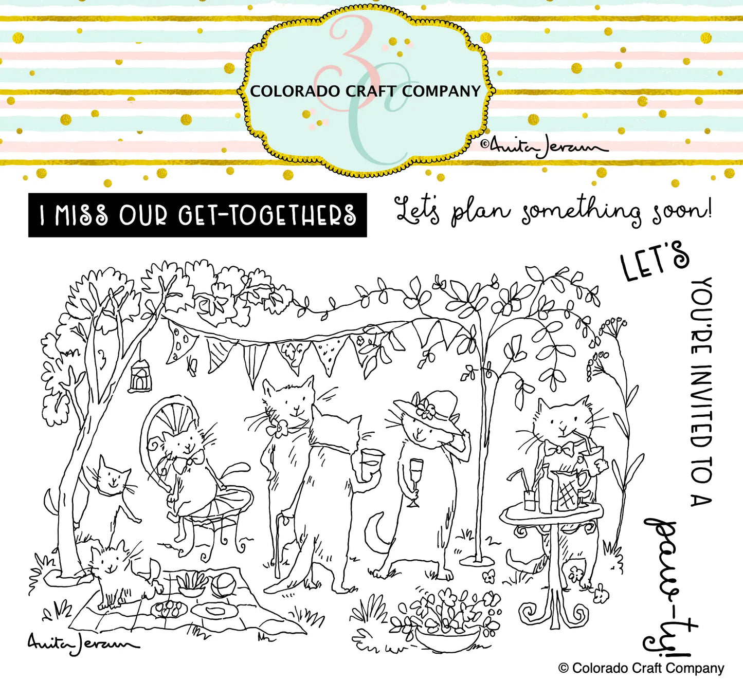 ANITA JERAM GARDEN PARTY rubber stamp set, Colorado Craft Company, The Olde Curiosity Shoppe
