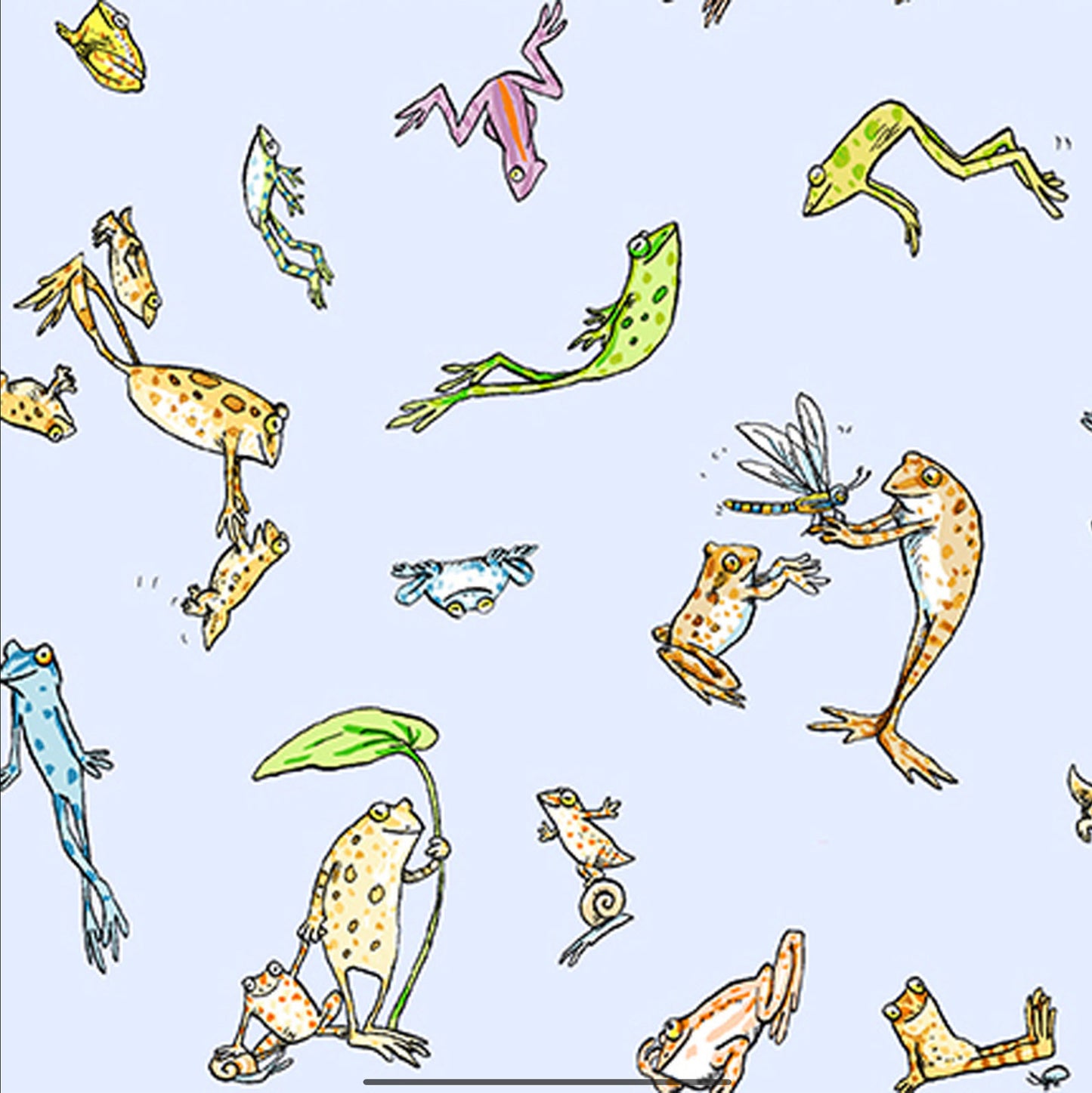 LEAP FROG - Friends Lt Denim - by Anita Jarem, 100% Cotton, Toad Hollow Fabrics