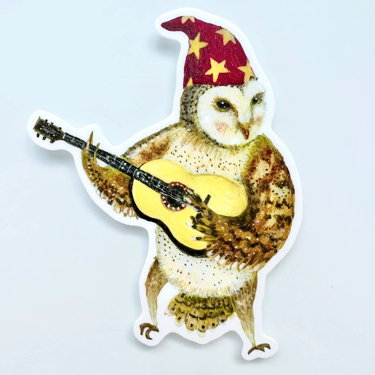 GUITAR OWL vinyl sticker, Jahna Vashti artist, The Olde Curiosity Shoppe