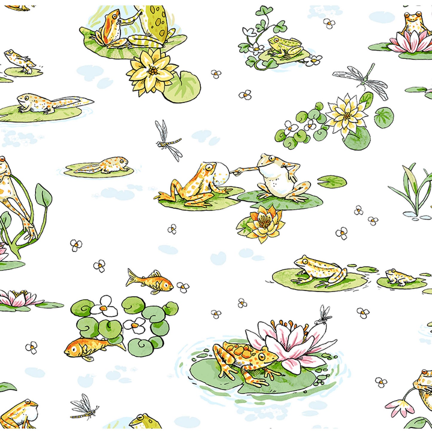 LEAP FROG - Pond Life White - by Anita Jarem, 100% Cotton, Toad Hollow Fabrics