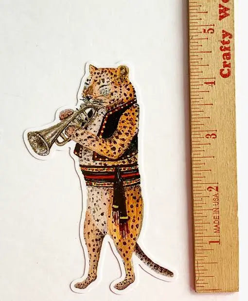 TRUMPET PLAYING LEOPARD vinyl sticker, Jahna Vashti artist, The Olde Curiosity Shoppe