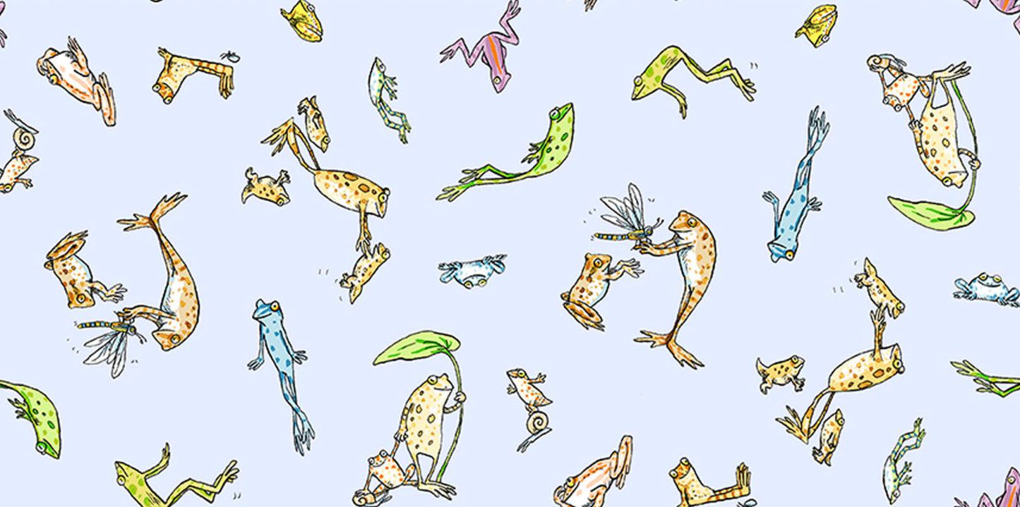 LEAP FROG - Friends Lt Denim - by Anita Jarem, 100% Cotton, Toad Hollow Fabrics