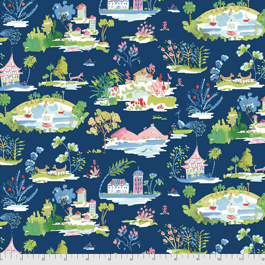 TINY SCENES - BLUE from the LADYBIRD Collection by Dena Designs, 100% Cotton, Toad Hollow Fabrics