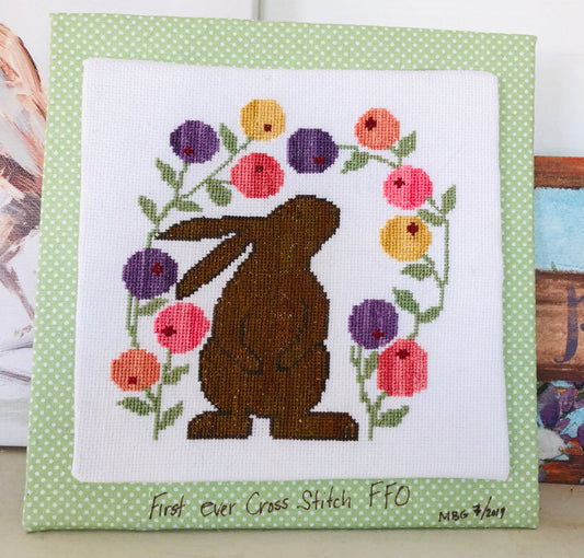 The Curious Bunny by Teresa Kogut - or Mary Beth’s first finish EVER! (For cross stitch)