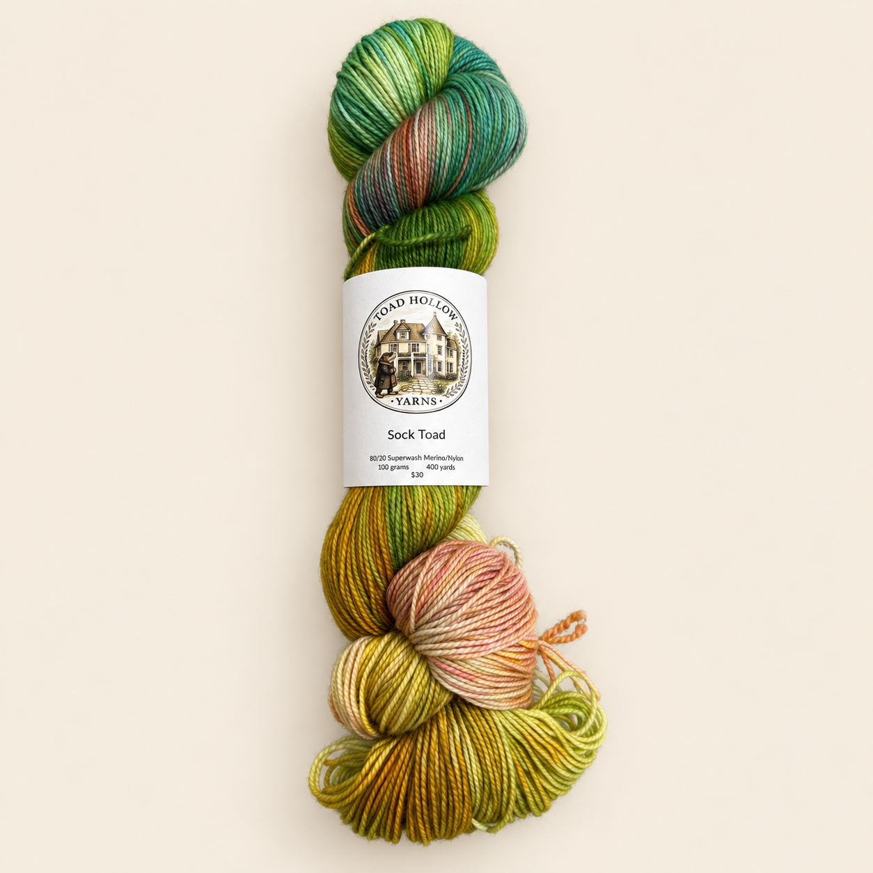 Product Photo Flip Flops hand dyed Yarn a green yellow pink variegated yarn by toad hollow yarns