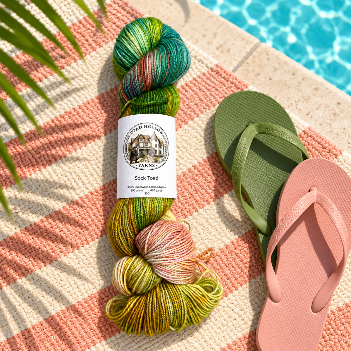 a stylized photo of flip flops hand dyed yarn from toad hollow.  A brightly variegated yarn with greens, pinks and yellows in pool setting
