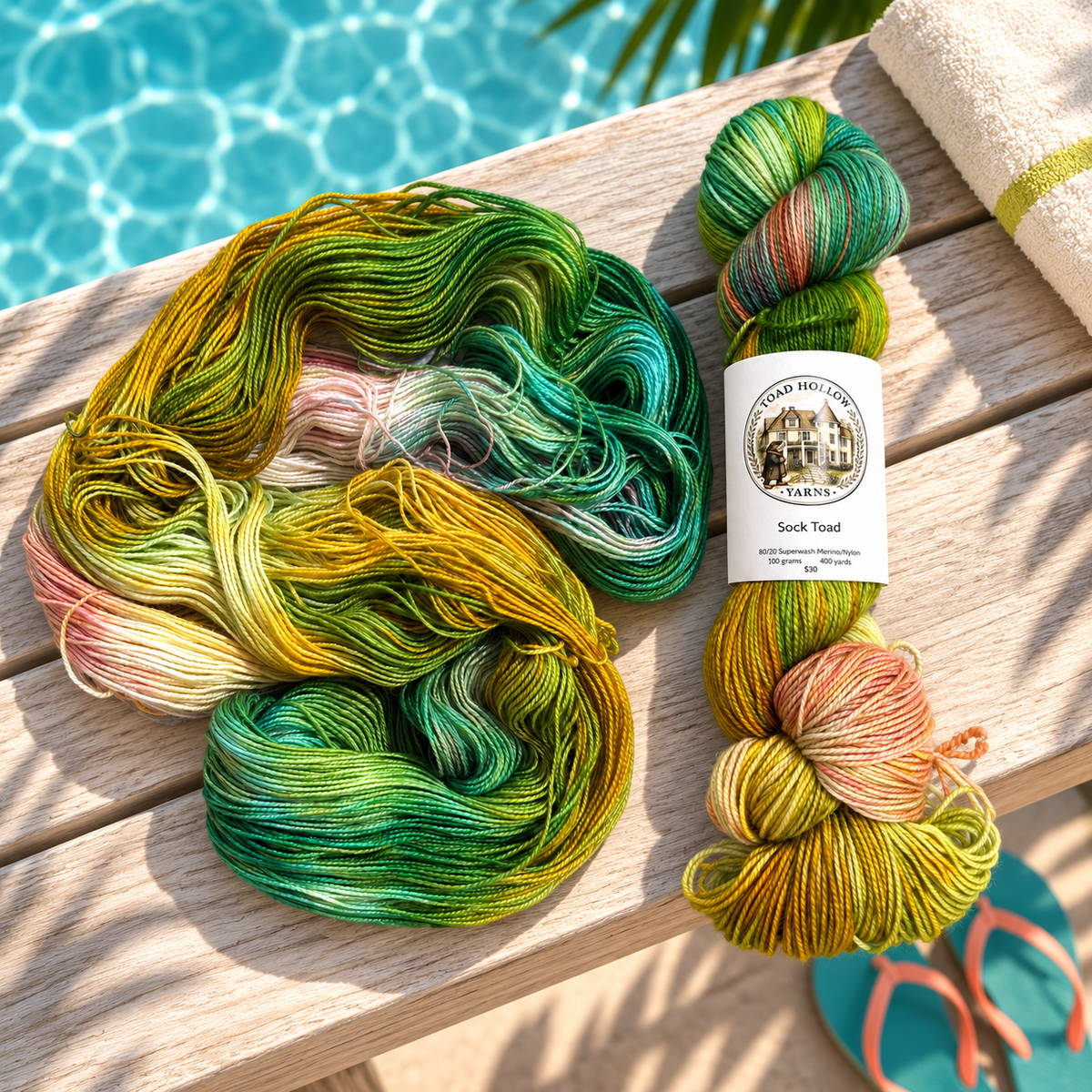 stylized photo of the flip flops yarn color, a hand dyed yarn from toad hollow.  A brightly variegated yarn with green, yellow and pink.