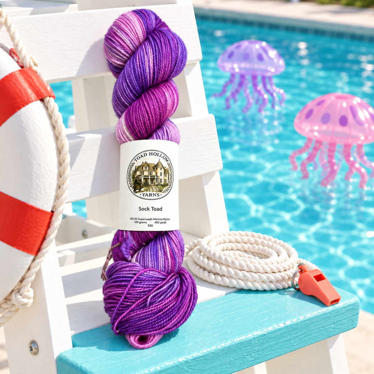 Styled  pooslide, this jellyfish inspired yarn is part of our Pool Party Collection