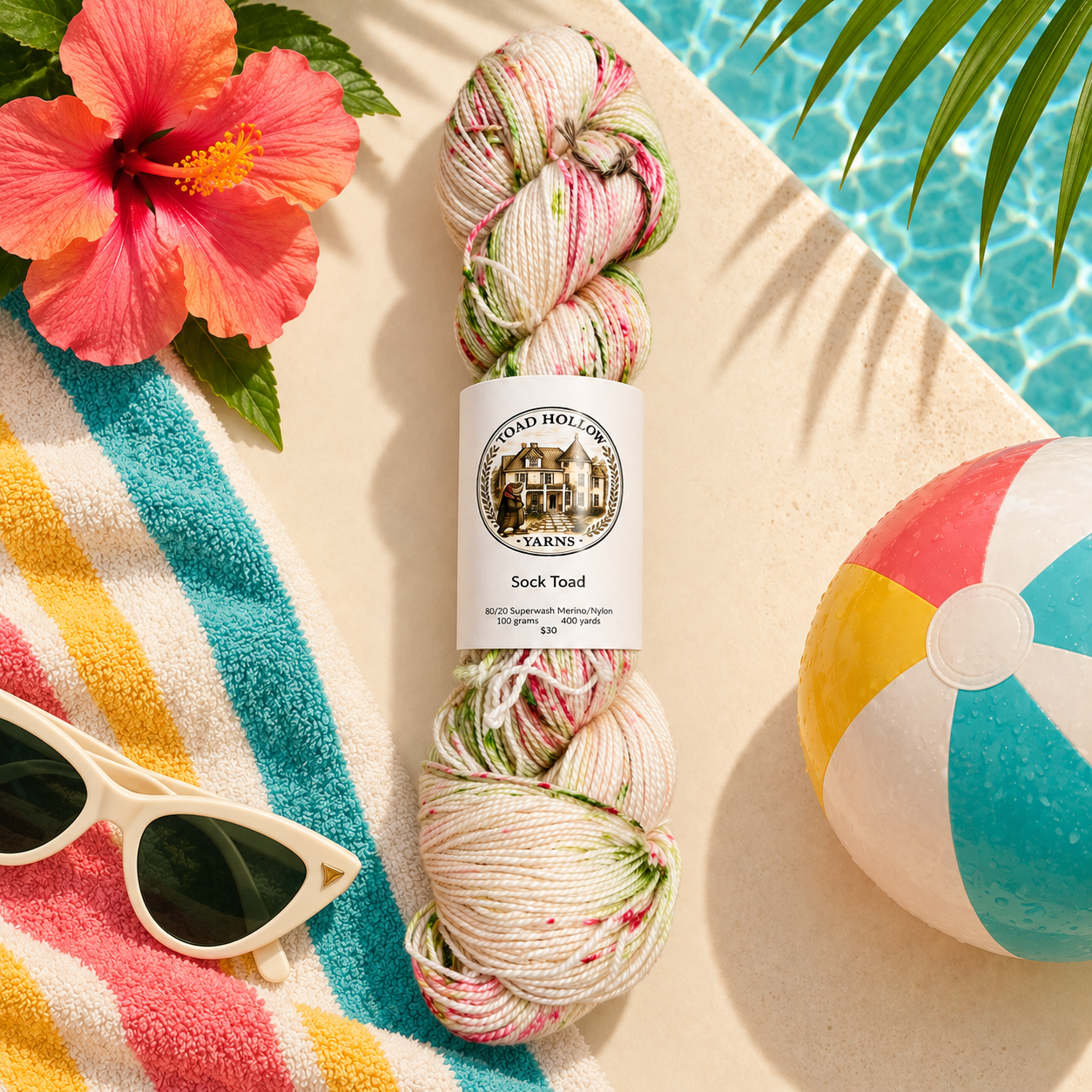 Cream based Toad Hollow yarn accented with pink and green speckles - styled by the pool
