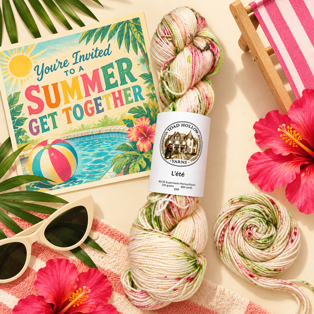 Cream speckled yarn with pink and green accents from the Pool Party Reunion Tour from Toad Hollow Yarns