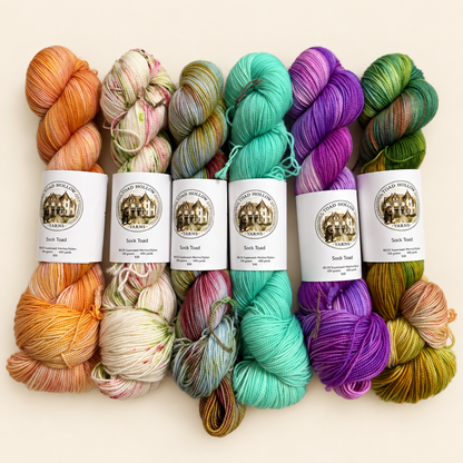 Six skeins of Sock Toad yarn from Toad Hollow yarns in the Pool Party Collection - bright colors featuring orange, aqua, purple, green