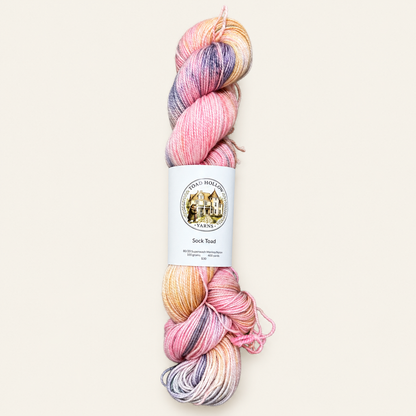 BREAKFAST AT TIFFANY'S Hand-dyed yarn - Pink, Gold & Grey variegated yarn from the Road Trip Collection|Fingering, DK, Worsted, and Bulky Superwash Merino yarn| Toad Hollow Yarns