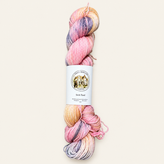 BREAKFAST AT TIFFANY'S Hand-dyed yarn - Pink, Gold & Grey variegated yarn from the Road Trip Collection|Fingering, DK, Worsted, and Bulky Superwash Merino yarn| Toad Hollow Yarns
