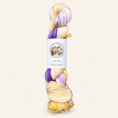 COLUMBINE Hand-dyed yarn - Cream, Purple & Yellow variegated yarn from the Road Trip Collection|Fingering, DK, Worsted, and Bulky Superwash Merino yarn| Toad Hollow Yarns