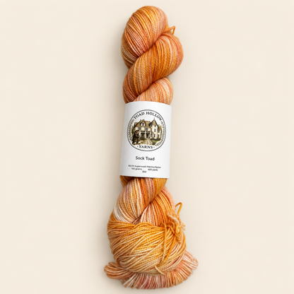 product photo of one skein of Umbrella Drinks a bright orange variegated hand dyed yarn from toad hollow.  Main color is orange with a peachy pink undertone