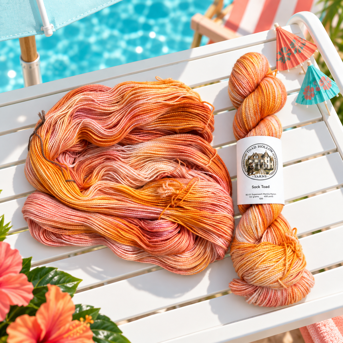 a stylized photo of two skeins of Umbrella Drinks an orange and pink variegated yarn from toad hollow.  One skein is twisted and labeled and one unspooled