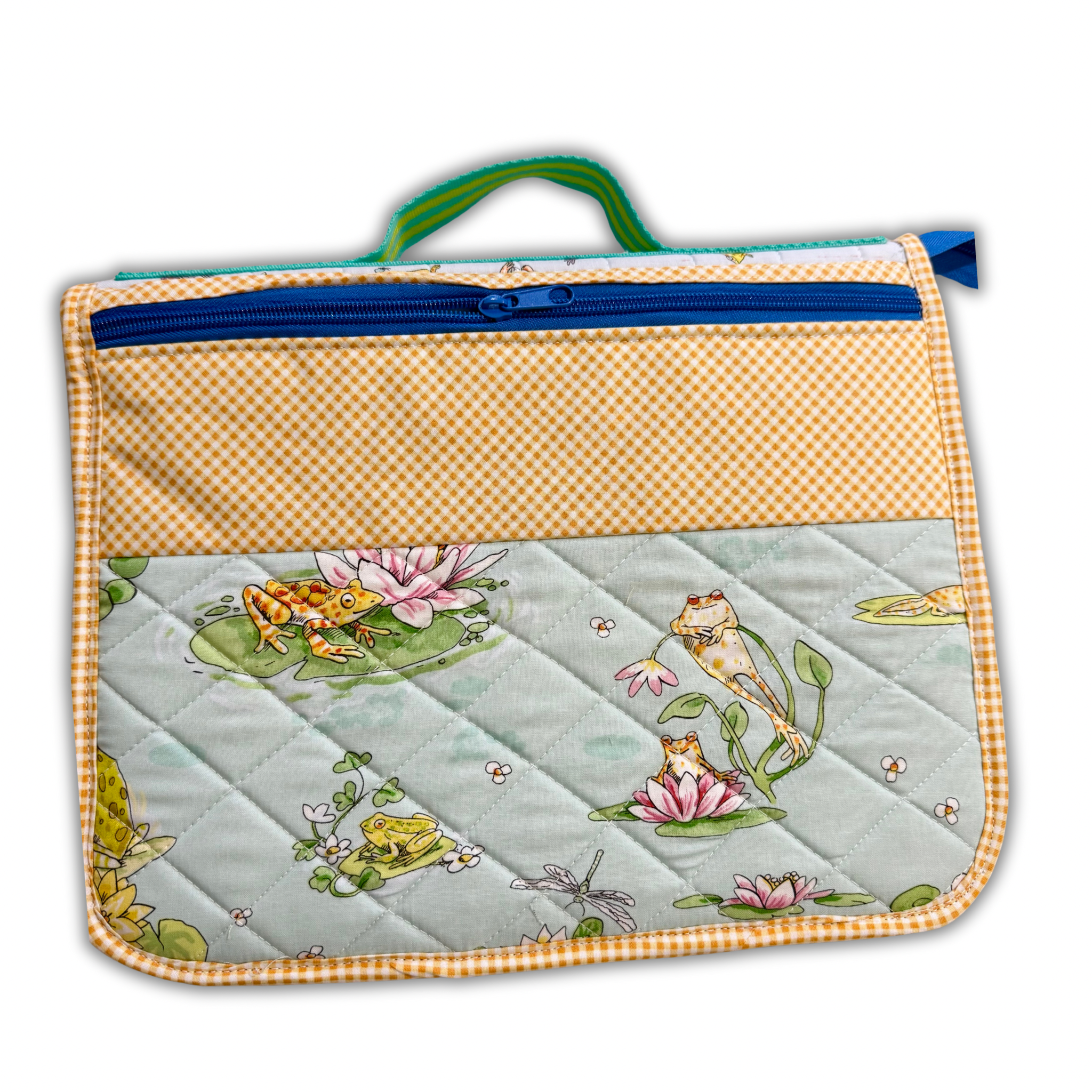 Frog and lily pad fabric quilted case for sewing tools with bright zipper and orange gingham binding