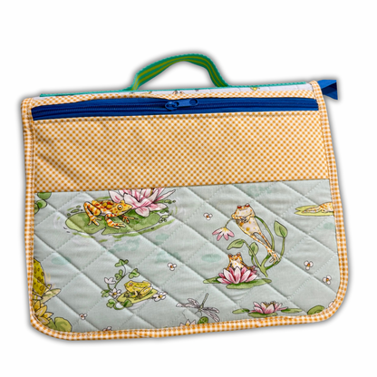 Frog and lily pad fabric quilted case for sewing tools with bright zipper and orange gingham binding