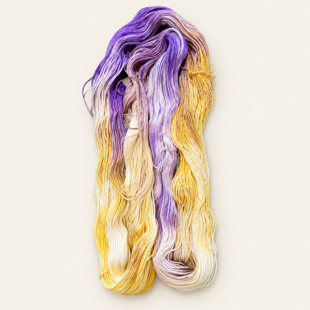 COLUMBINE Hand-dyed yarn - Cream, Purple & Yellow variegated yarn from the Road Trip Collection|Fingering, DK, Worsted, and Bulky Superwash Merino yarn| Toad Hollow Yarns