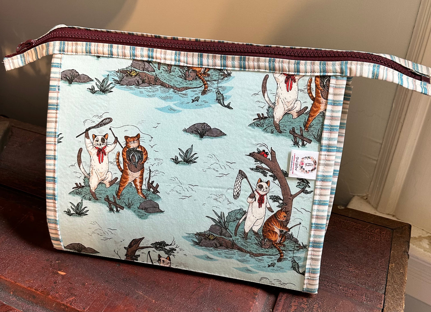 BOOKLET POUCH - FISHING CATS featuring fabrics from Cat Tales by Rachel Hauer, Toad Hollow Bags