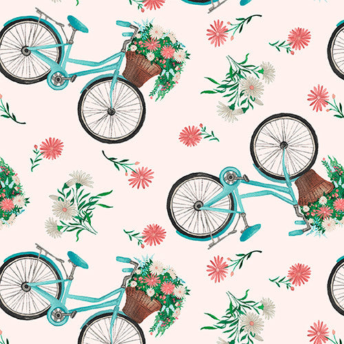 LIGHT PINK BICYCLES - Rural Fantasy by Elizabeth Medley for Blank Quilting,100% Cotton, Toad Hollow Fabrics