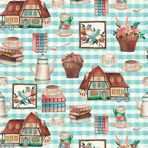 LIGHT BLUE HOMES, BOOKS & TEAPOTS - Rural Fantasy by Elizabeth Medley for Blank Quilting,100% Cotton, Toad Hollow Fabrics