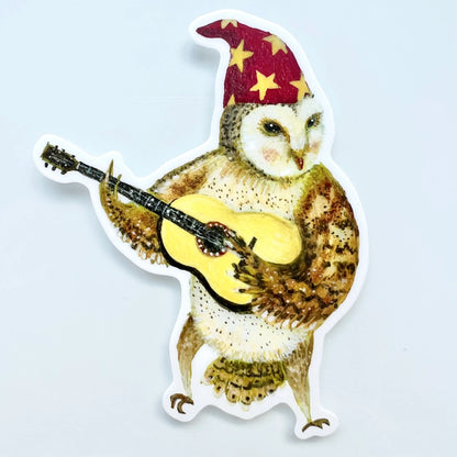 GUITAR OWL vinyl sticker, Jahna Vashti artist, The Olde Curiosity Shoppe