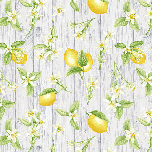 GREY TOSSED LEMON AND FLOWERS - Fresh Picked Lemons, Jane Shasky for Henry Glass Fabrics,100% Cotton, Toad Hollow Fabrics