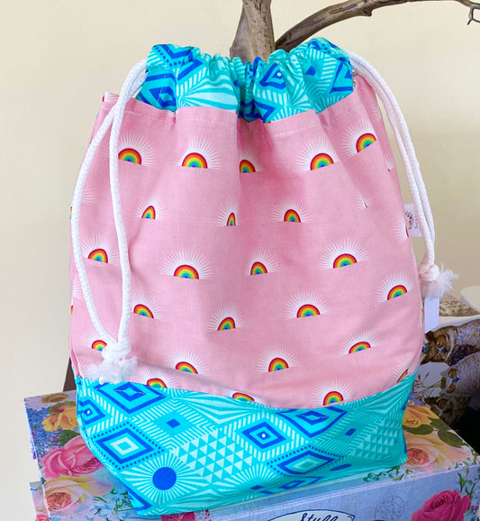 PINK RAINBOW Drawstring project bag, knitting bag, toad hollow bags, the toadstool bag